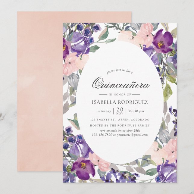 Convite Violet, Plum e Blush Floral Quinceañera (Frente/Verso)