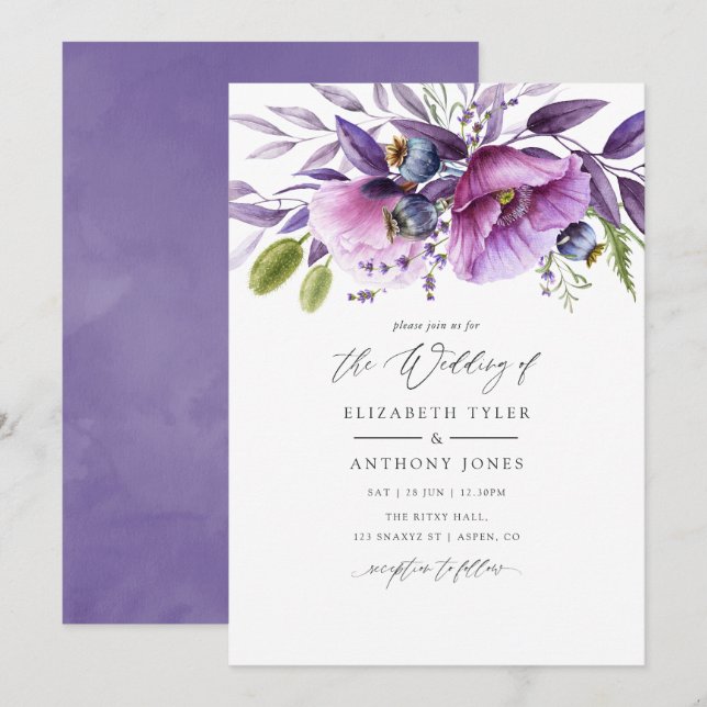 Convite Violet Poppy Floral Wedding (Frente/Verso)