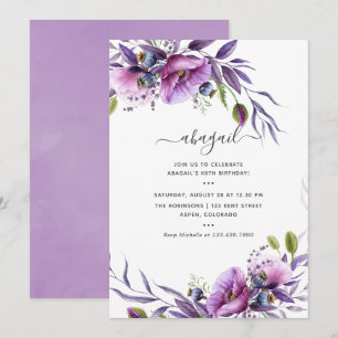 Convite Violet Purple Poppy Floral Aniversário