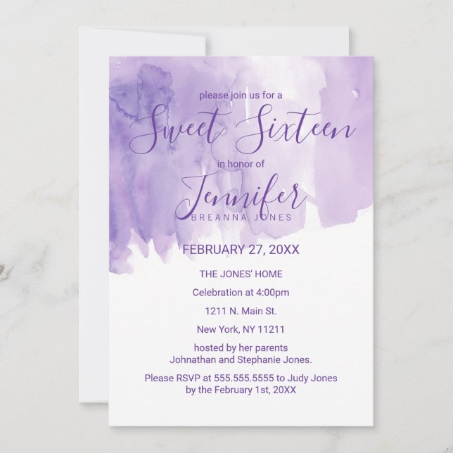 Convite Violet Purple Watercolor Splash Sweet 16 (Frente)