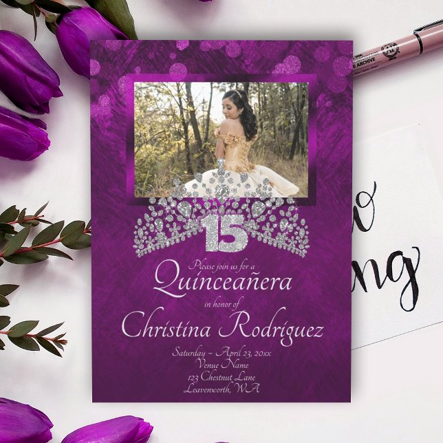 Convite Violet Quinceanera Silver Tiara (Violet deep pink quinceanera invitation diamond tiara silver glitter 15, purple silver mis quince)