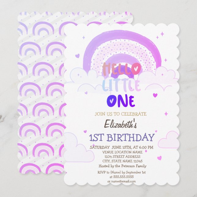 Convite Violet Rainbow Clouds Olá Pequeno Aniversário (Frente/Verso)