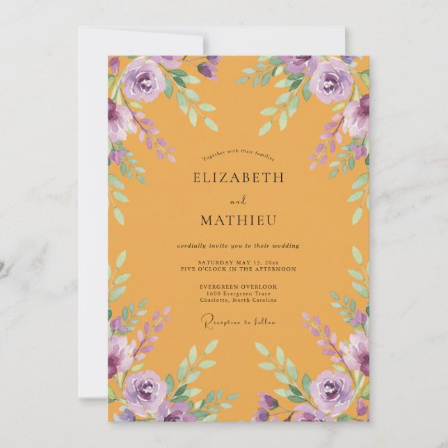 Convite Violet Ranúnculo Eucalipto Mostarda Casamento (Frente)