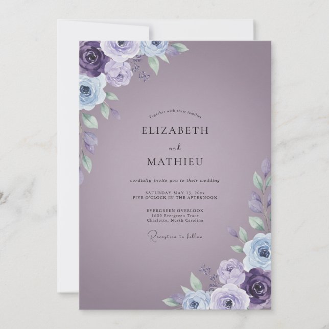 Convite Violet Ranunculus Roxo Bege Casamento (Frente)