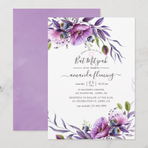 Convite Violet Roxo Flor de Papoula Bat Mitzvah