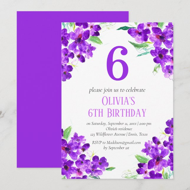 Convite Violet Rústico 6º Aniversário Floral Roxo (Frente/Verso)