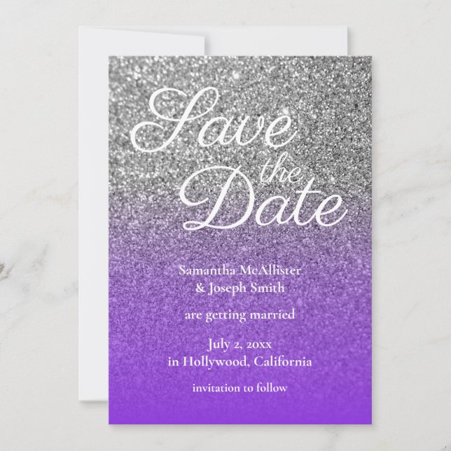 Convite Violet Silver Ombre Glitter Salve a Data (Frente)