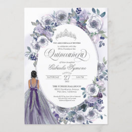 Convite Violet Silver White Watercolor Quinceanera Floral
