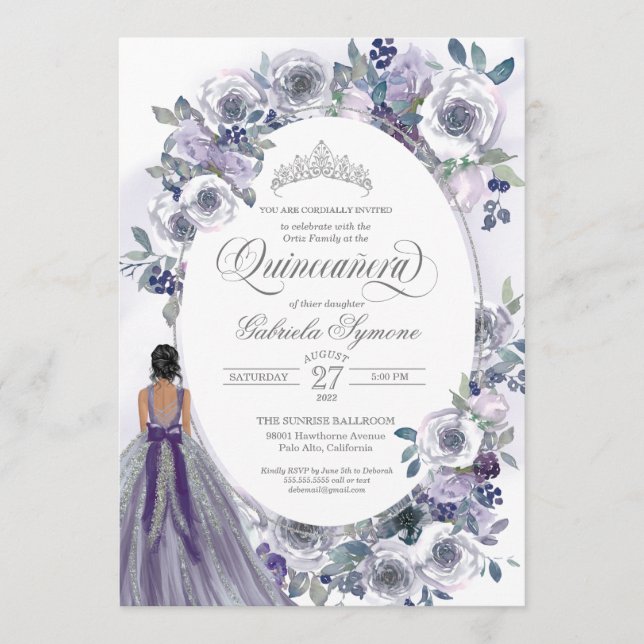 Convite Violet Silver White Watercolor Quinceanera Floral (Frente)