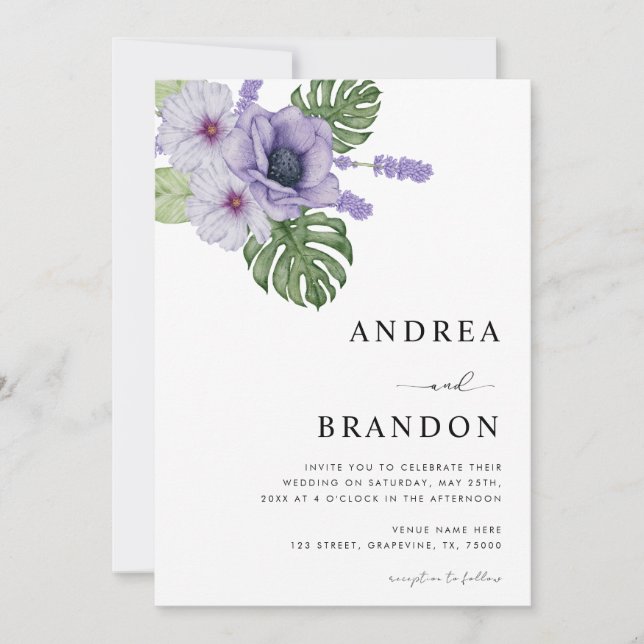 Convite Violet Tropical Leaf Botanical All in One Wedding (Frente)