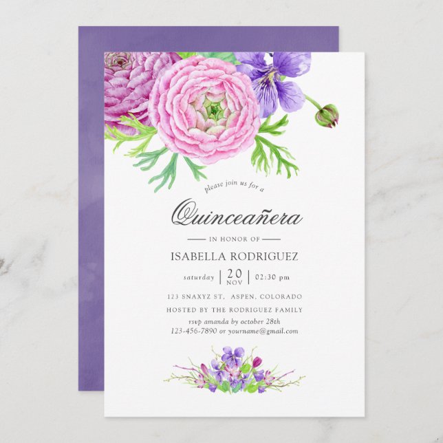 Convite Violet Watercolor Floral Quinceañera (Frente/Verso)