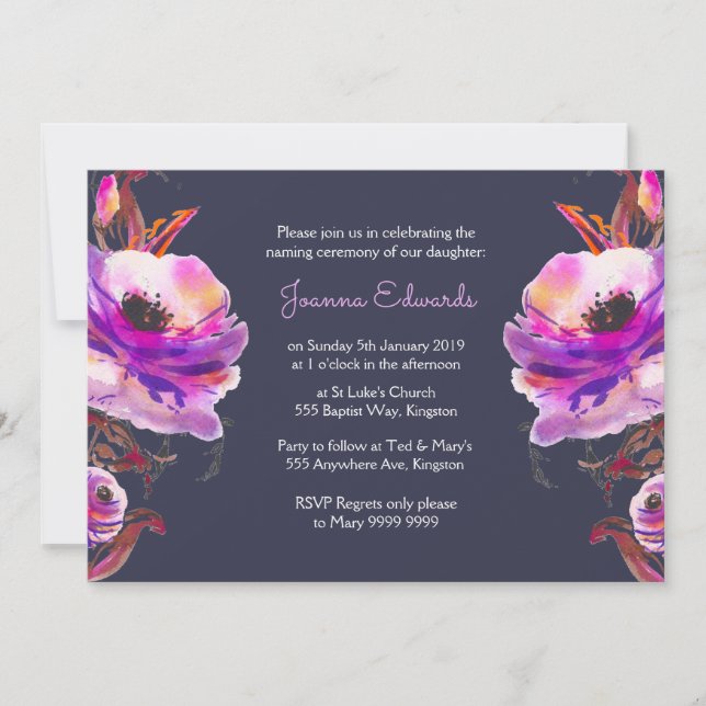 Convite Violet Watercolor Poppies Naming Ceremony Invite (Frente)