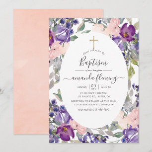Convite Violeta, Ameixa e Rosa Floral Batismo