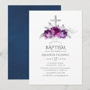 Convite Violeta e Floral Naval de Batismo ou Batizado