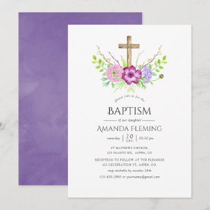Convite Violeta e Plumagem Floral Batismo ou Batizado