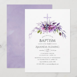 Convite Violeta Empoeirada Amapola Floral Batismo ou Crism