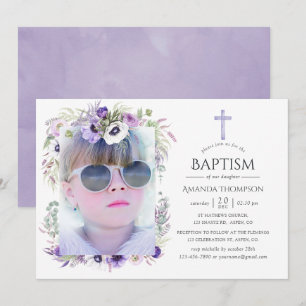 Convite Violeta Empoeirada Floral Batismo ou Batizado