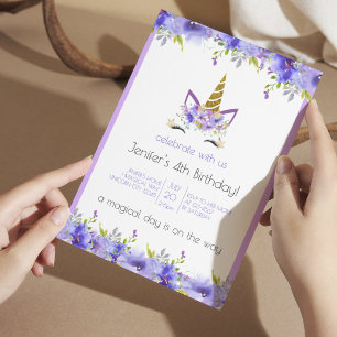 Convite Violeta fresca   Festa de aniversário Unicorn