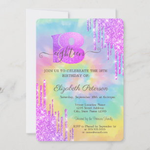 Convite Violeta Moderno Glitter Respingos Tie Dye 18º 