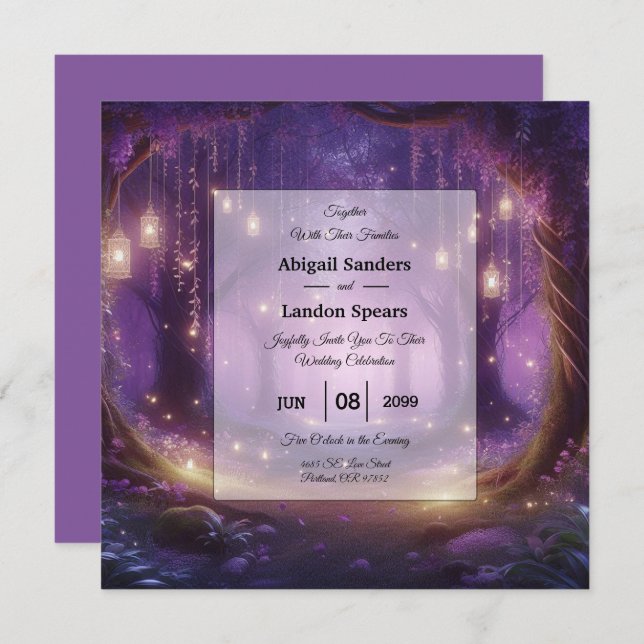 Convite Violeta no Casamento Florestal Encantado à Meia-No (Frente/Verso)