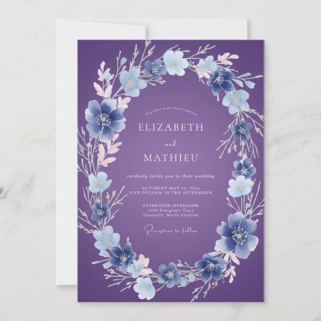 Convite Violeta Periwinkle Etérea Floral Casamento (Frente)