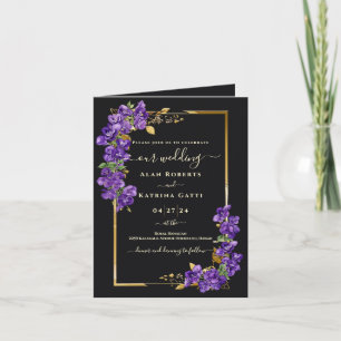 Convite Violeta Preto Clássico Floral Moldura Dourada Dobr