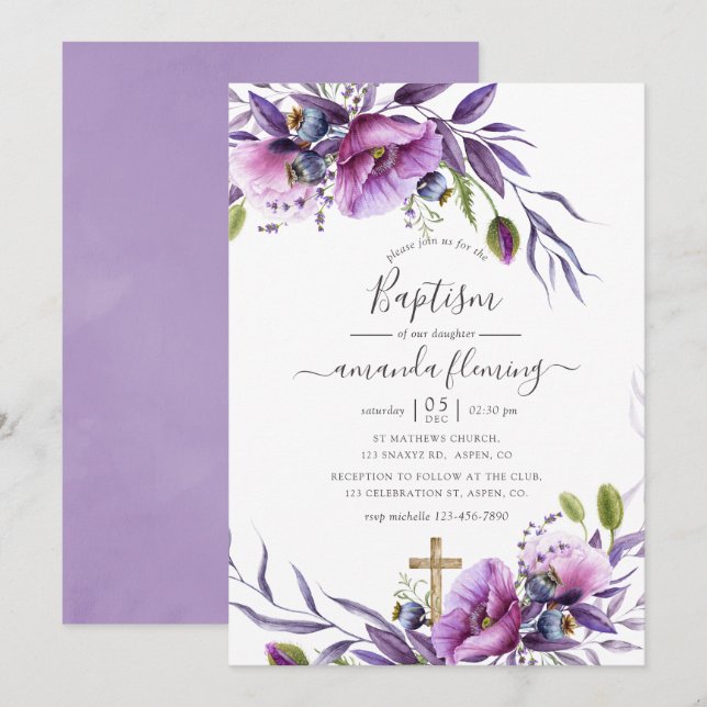 Convite Violeta Roxo Papoula Floral Batismo (Frente/Verso)