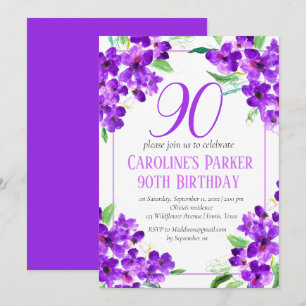 Convite Violeta Rústica Aniversário de 90 anos Floral Roxo
