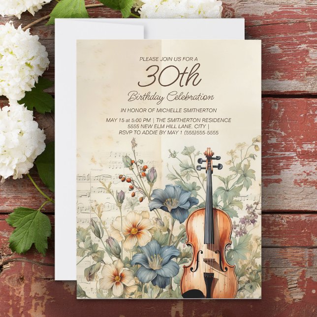 Convite Violino Antigo Flores Azul Empoeirado 30º Aniversá (Elegant vintage violin and dusty blue floral women's 30th birthday party custom invitation)