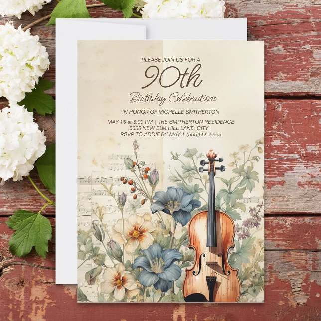 Convite Violino Antigo Flores Azul Empoeirado 90º Aniversá (Vintage violin 90th birthday party invitation for women. )
