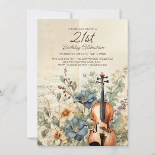 Convite Violino Antigo Flores Azul Empoeirado Aniversário 