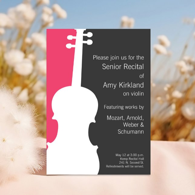 Convite Violino Moderno/Convite Considerando Viola - Rosa (Violin themed recital invitation template.)
