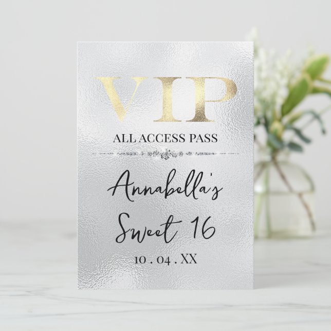 Convite VIP Glamouroso em Ouro sobre Prata (Em pé/Frente)