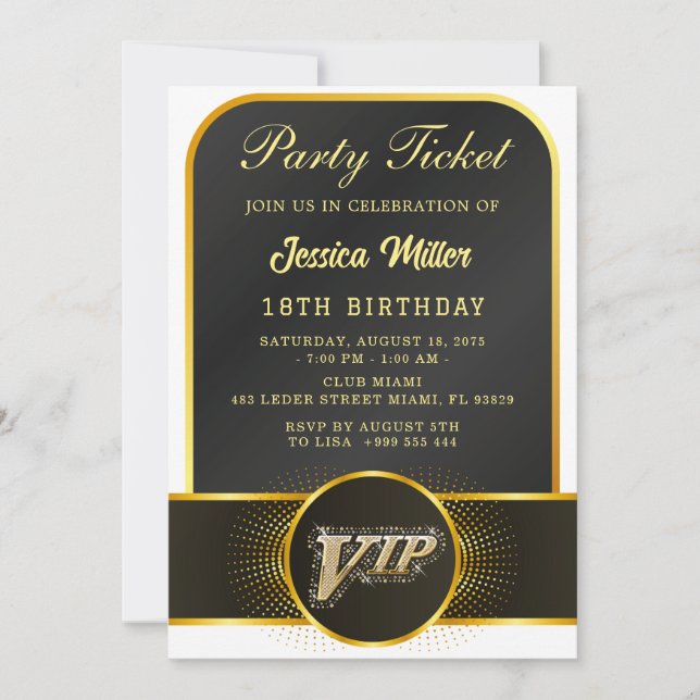 Convite VIP Party Ticket Birthday Invitation (Frente)