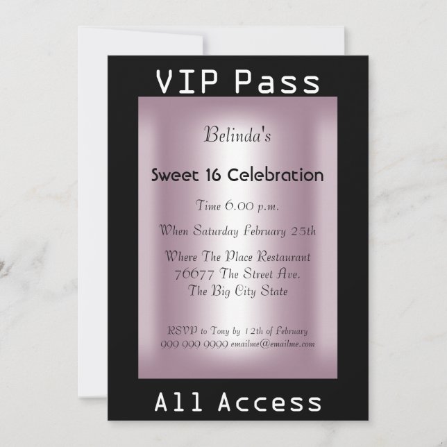 Convite VIP pass Sweet 16 Festa de aniversário Black Pink (Frente)