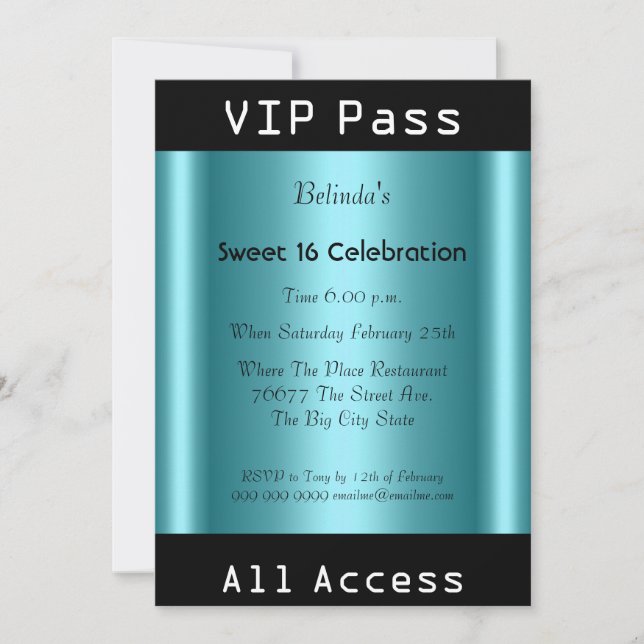 Convite VIP pass Sweet 16 Festa de aniversário Black Teal (Frente)