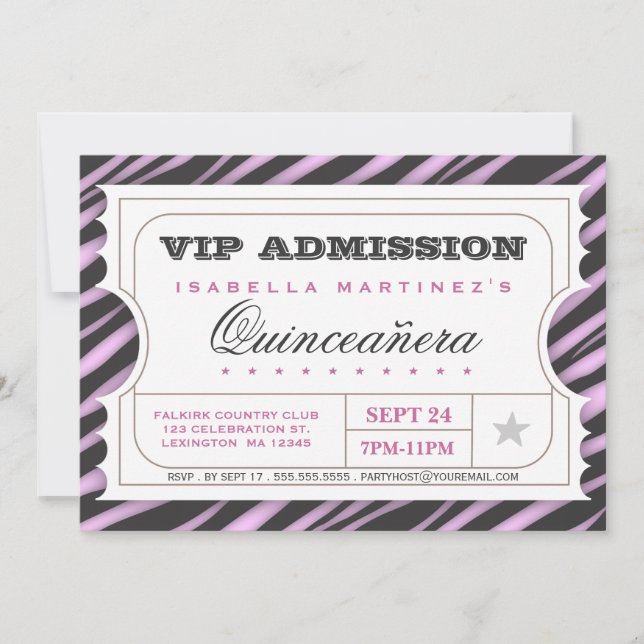 Convite VIP Ticket Zebra Glam Quinceanera Festa de anivers (Frente)