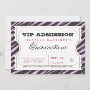 Convite VIP Ticket Zebra Glam Quinceanera Festa de anivers