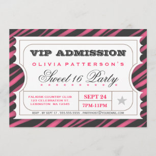 Convite VIP Ticket Zebra Glam Sweet 16 Festa de aniversári
