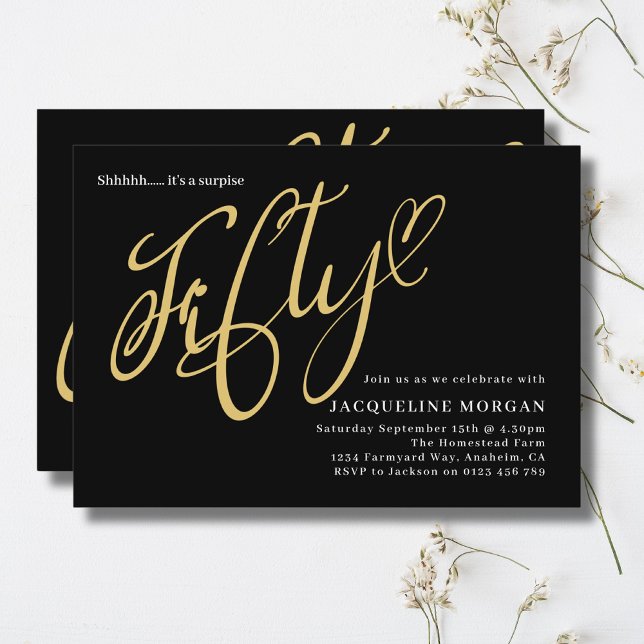 Convite Virando 50 Black Dourado 50º Aniversário (50th birthday party invitation in black and gold on a light background)