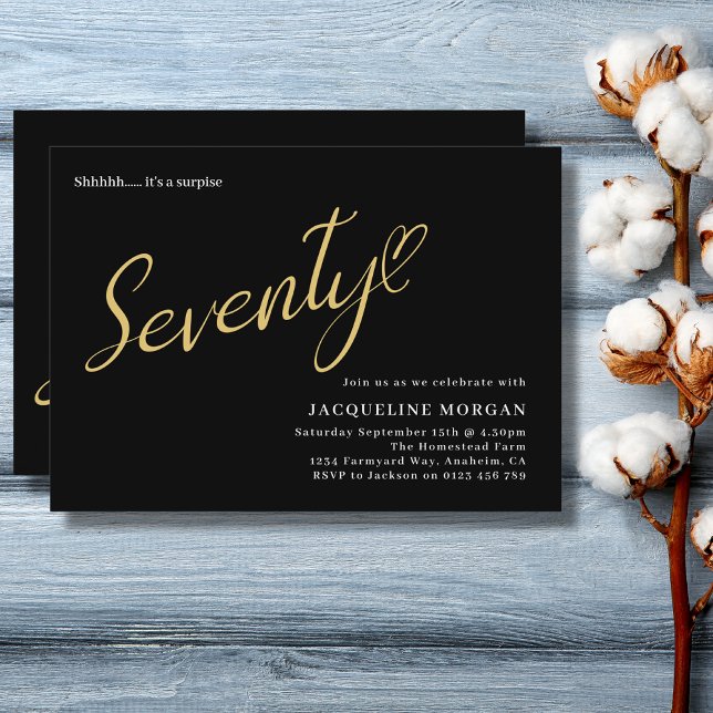 Convite Virando 70 Noivado Dourado 70 preto (70th birthday black and gold surprise birthday party invitation)