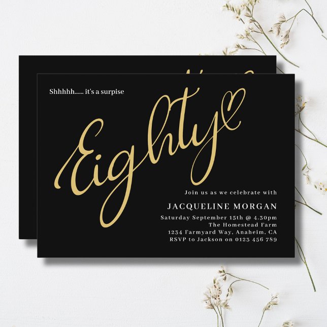 Convite Virando 80 Black Dourado 80 Aniversário (80th birthday party invitation in black and gold on a light background.)