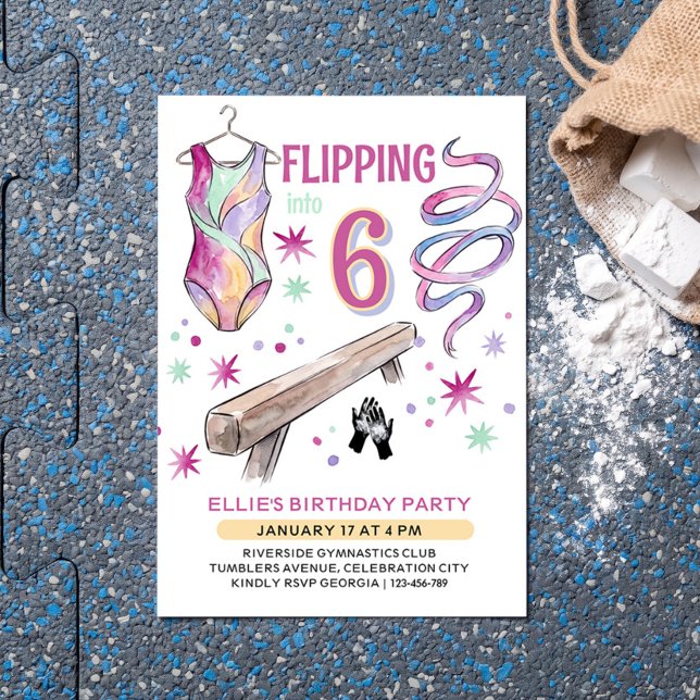 Convite Virando Qualquer Idade Aniversário Ginástica Salto (Gymnastics birthday party invitation for any age by Darling & May)