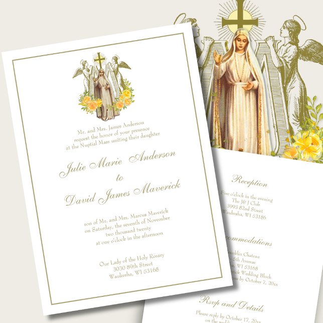 Convite Virgem Católica Mary Casamento Floral Amarelo (Criador carregado)