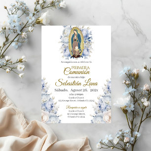 Convite Virgem de Guadalupe Floral Azul Primeira Comunhão