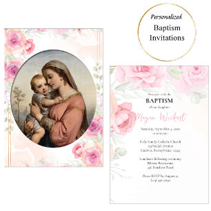 Convite Virgem e Menino Rosas Rosa Suave Batismo Católico