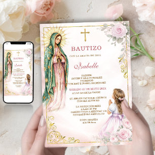 Convite Virgem Guadalupe Batizado Menina Rosas Rosa Ouro