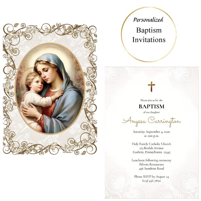 Convite Virgem & Menino Quadro Ornato Dourado Batismo Cató (Criador carregado)
