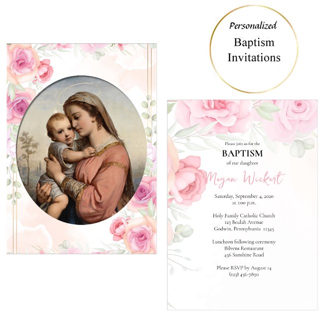 Convite Virgin and Child Soft Pink Roses Catholic Baptism (Criador carregado)