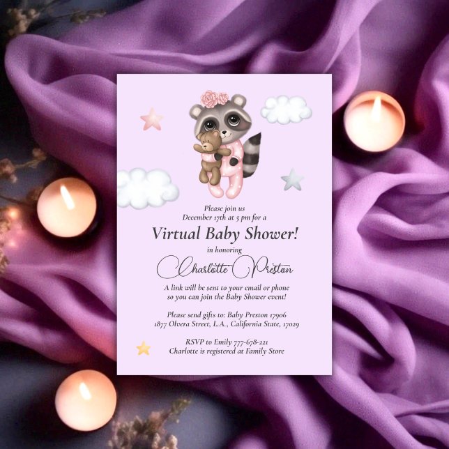 Convite Virtual de Lavanda de Chá de fraldas Raccoon (Gentle Raccoon Animal Girl Baby Shower Virtual Invitation)